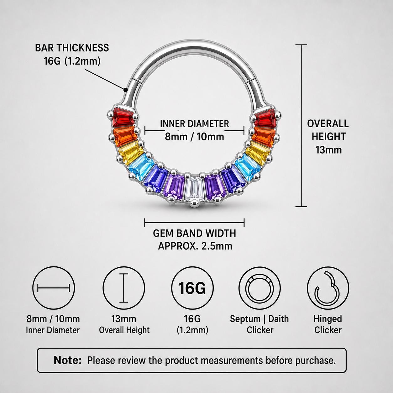 Titanium Rainbow Baguette Septum Clicker detail 6