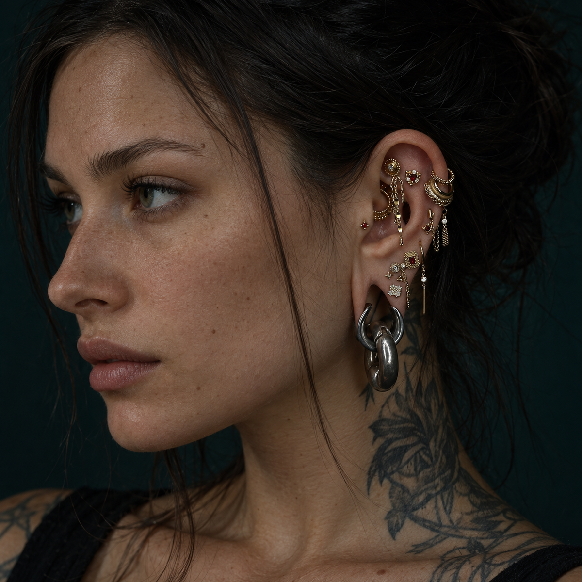 A model wearing an expressive mix of CRUX piercing jewelry