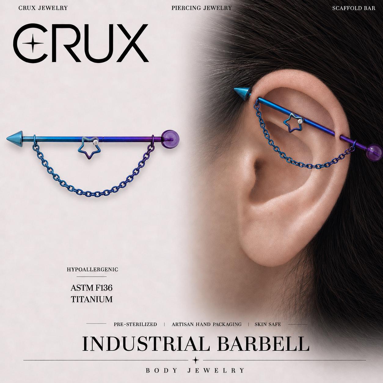 Crystal Star Chain titanium industrial barbell, front view
