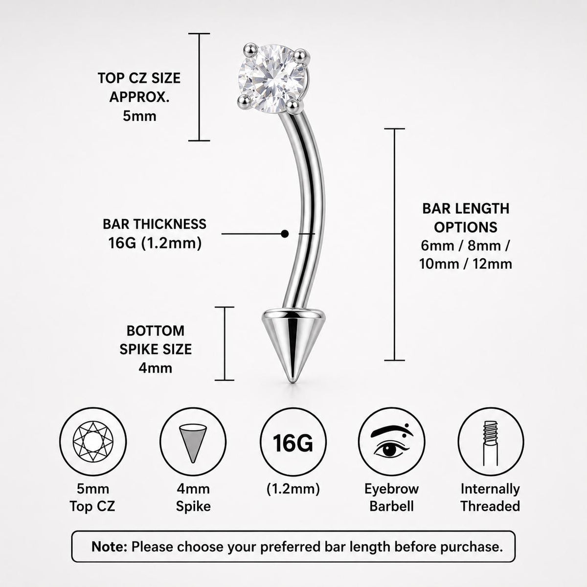 Clear CZ Spike Titanium Eyebrow Barbell detail 14
