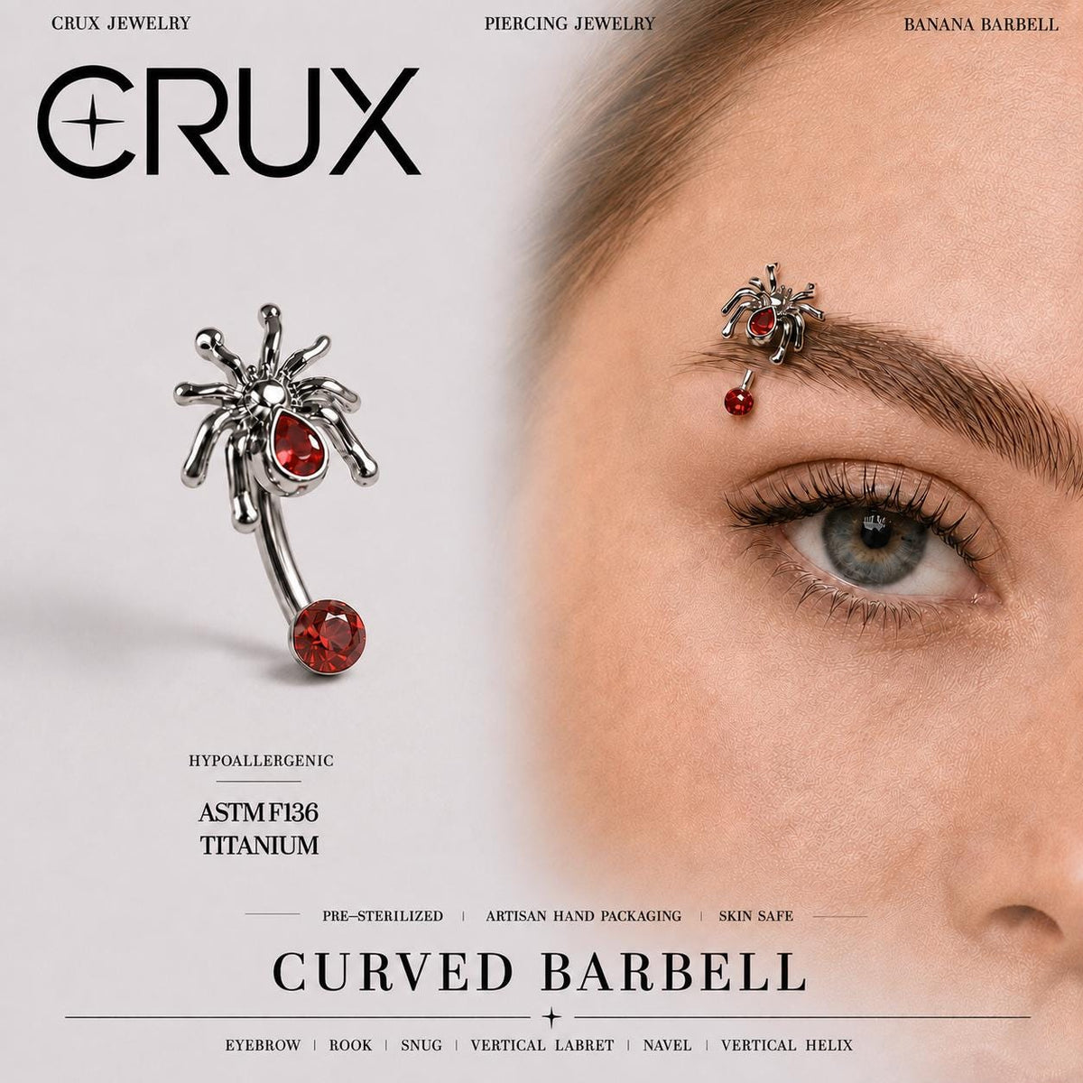 Red Gem Spider Titanium Eyebrow Barbell