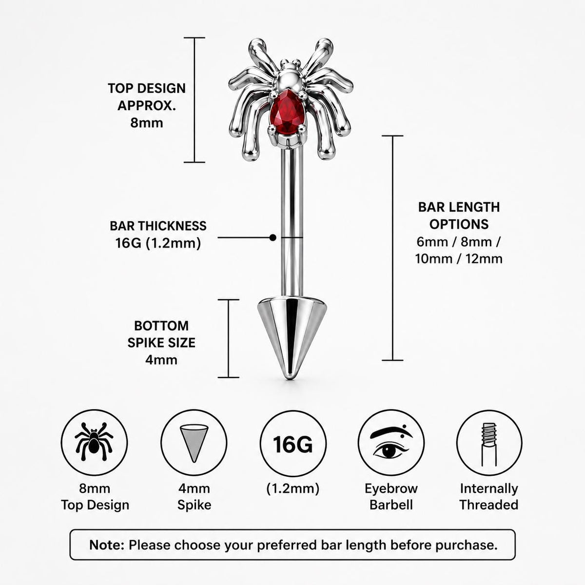 Red Gem Spider Titanium Eyebrow Barbell detail 5