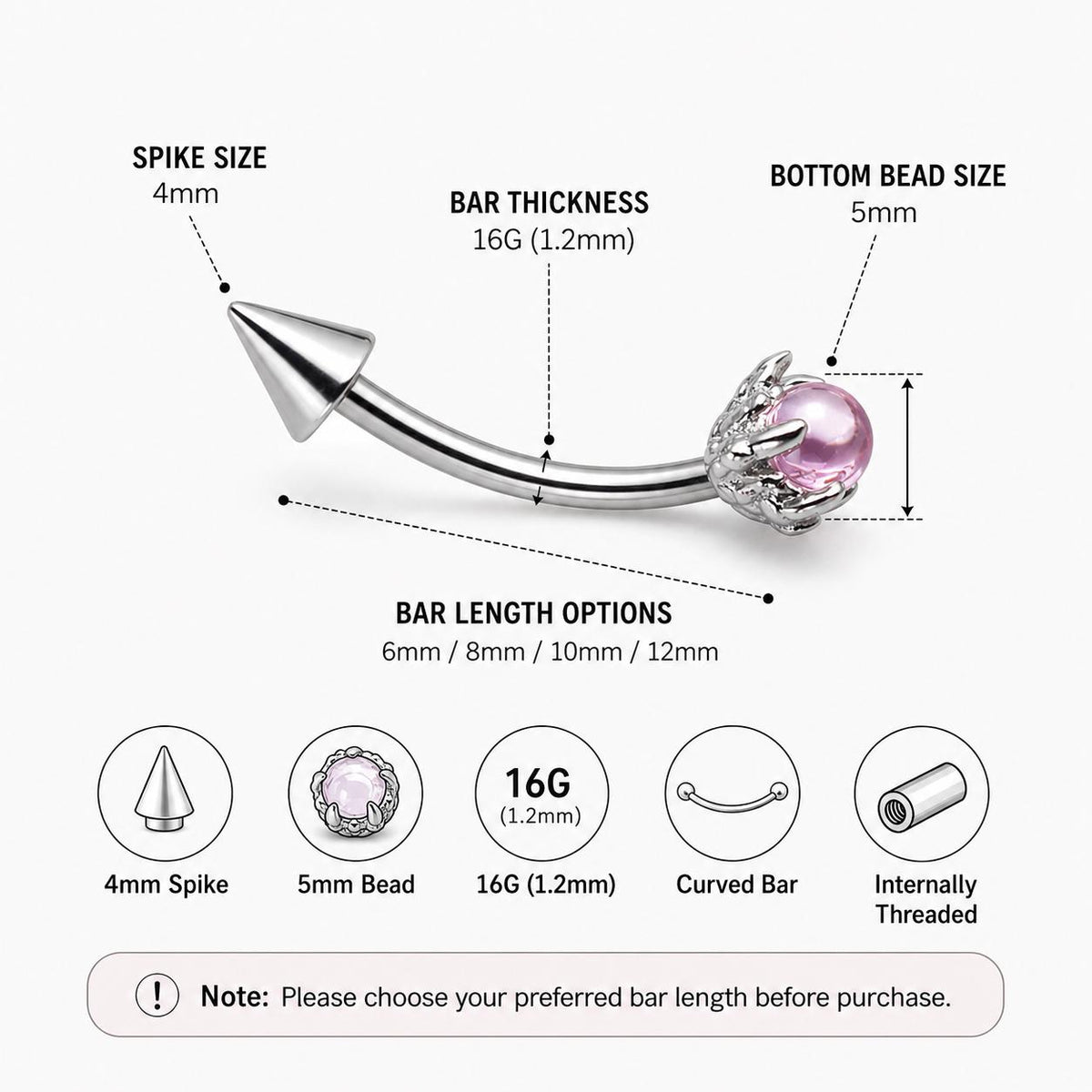 Dragon Claw Gem Titanium Eyebrow Barbell detail 11