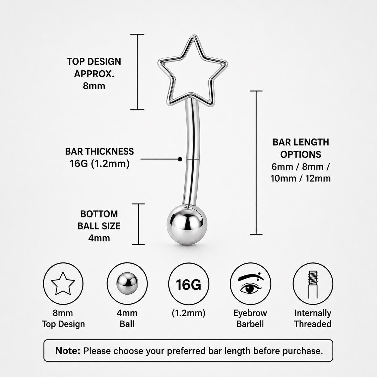 Silver Star Titanium Eyebrow Barbell detail 5