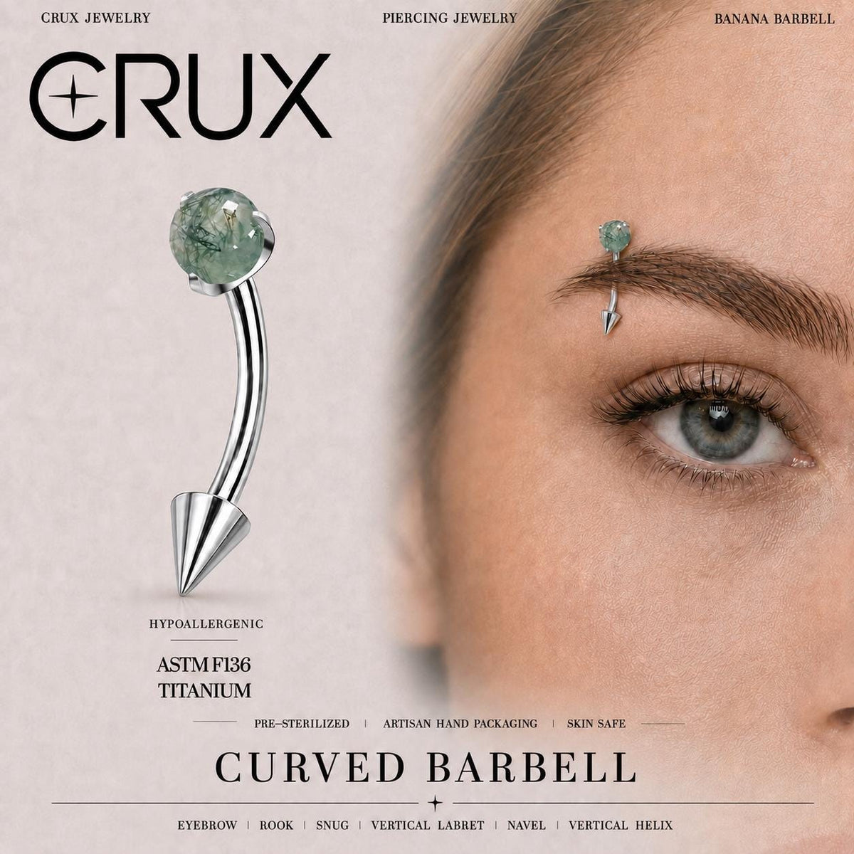 Moss Agate Titanium Eyebrow Barbell