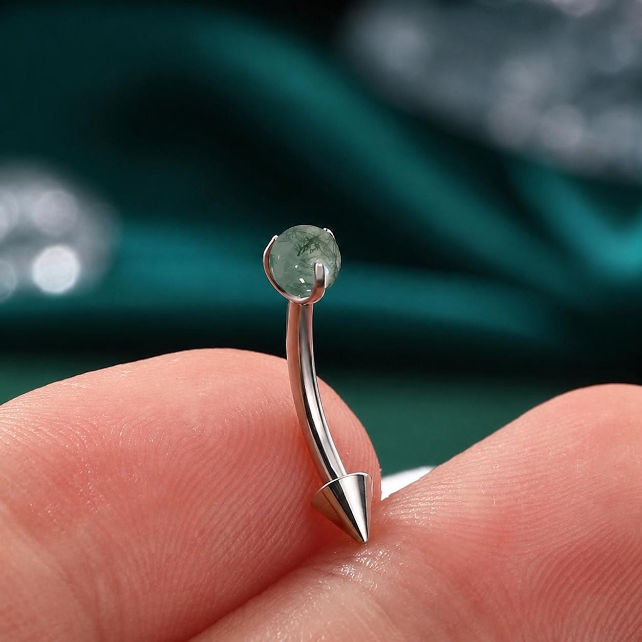 Moss Agate Titanium Eyebrow Barbell detail 2