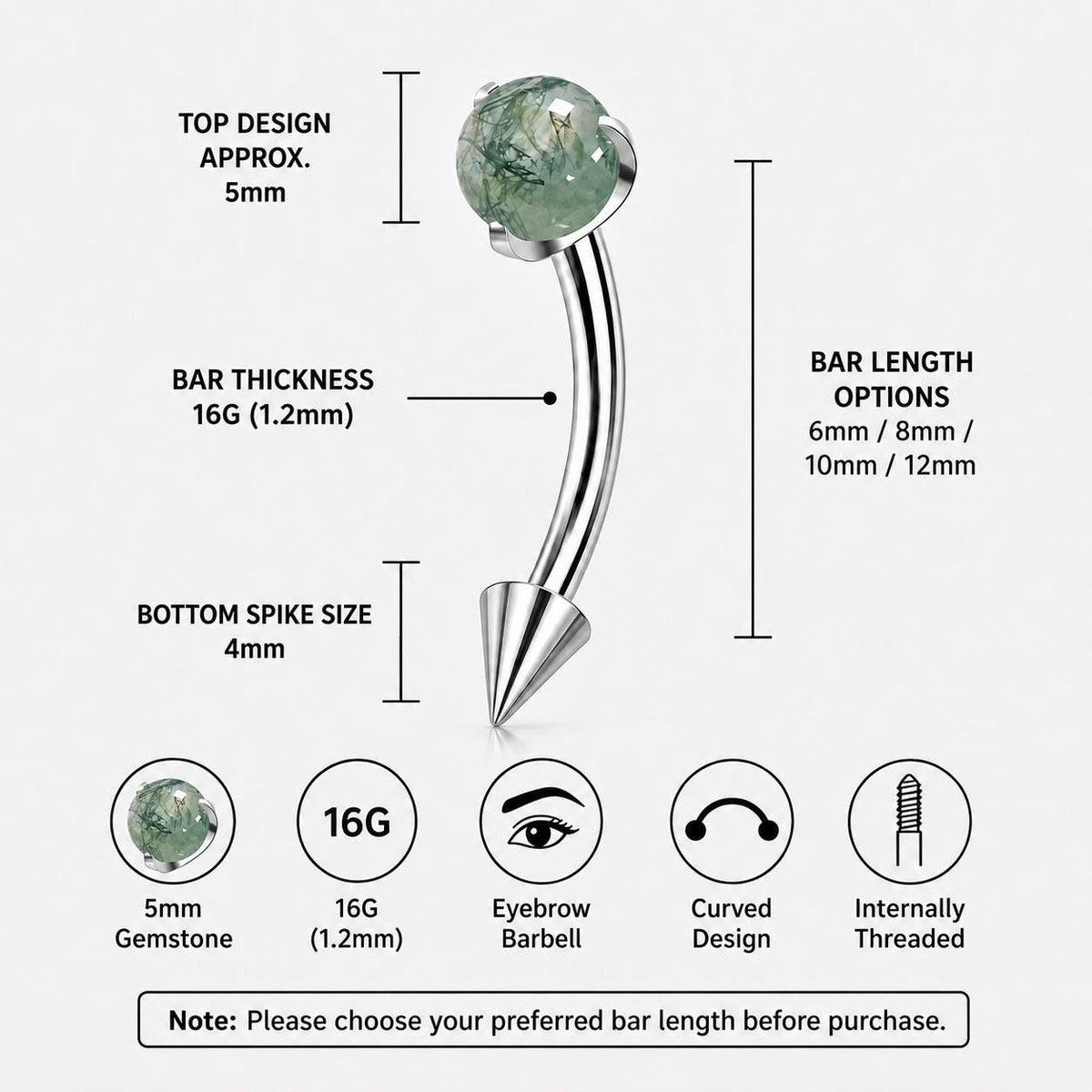 Moss Agate Titanium Eyebrow Barbell detail 6