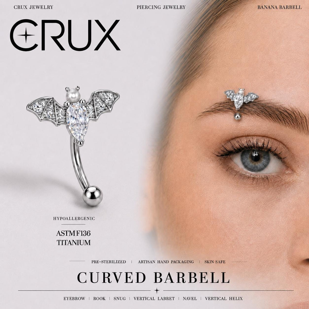 Pearl Bat Wing Titanium Eyebrow Barbell