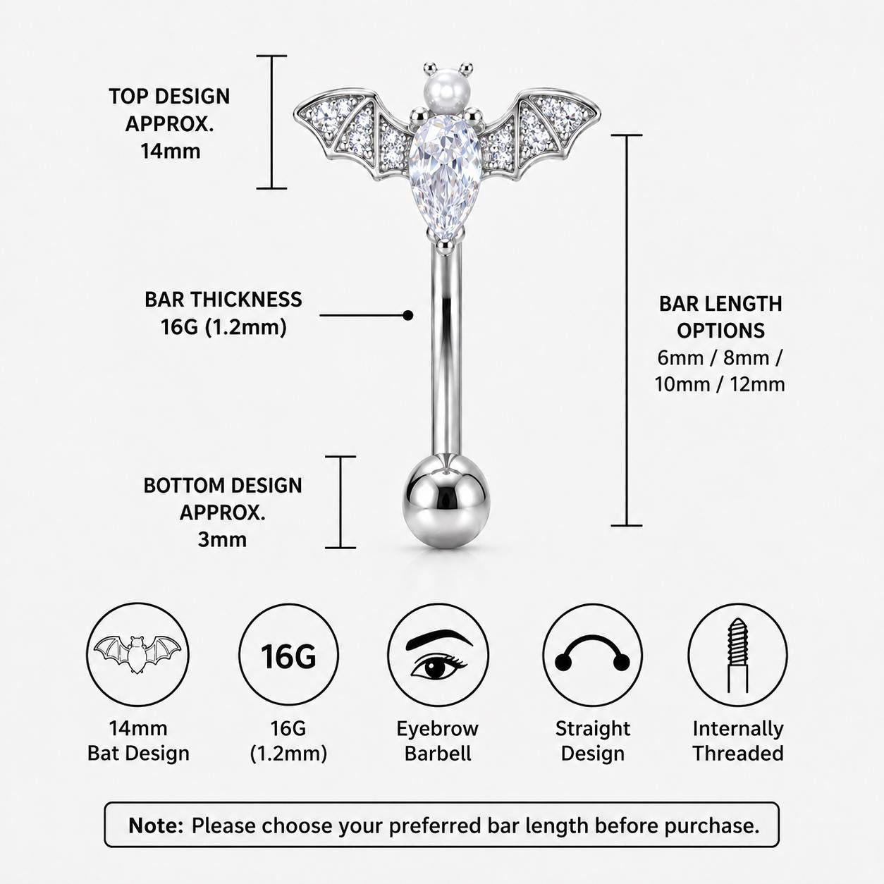Pearl Bat Wing Titanium Eyebrow Barbell detail 6