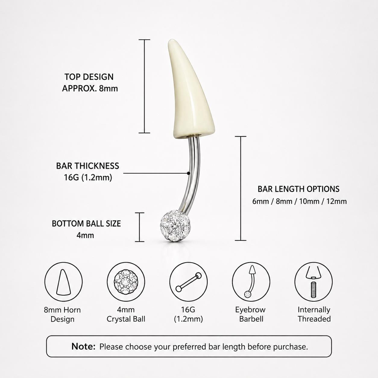 White Horn Titanium Eyebrow Barbell detail 4