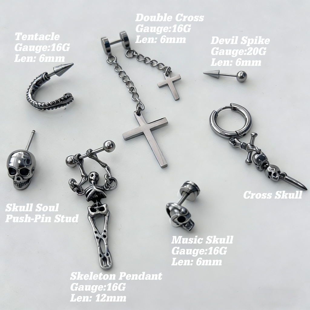 The "Dark Necromancer" Gothic Ear Stack Set - Skulls, Crosses & Tentacle Earrings Sets