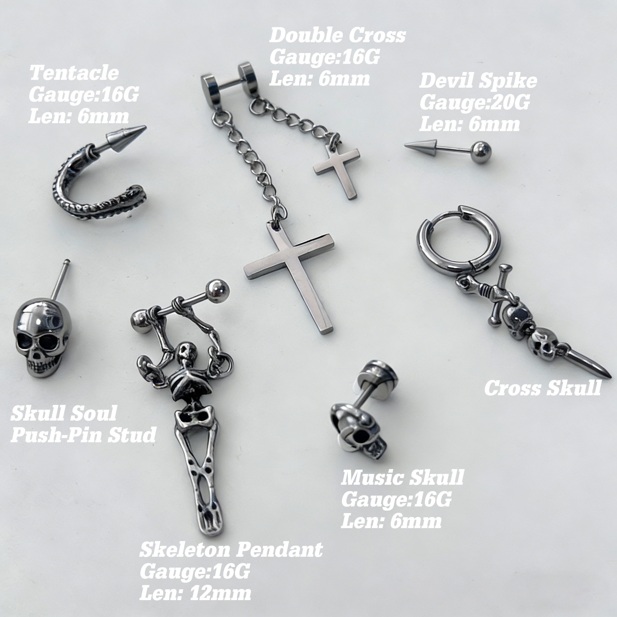 The "Dark Necromancer" Gothic Ear Stack Set - Skulls, Crosses & Tentacle Earrings Sets
