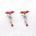 Red CZ Bat & Skull Dangle white-gold-plated copper Ear Studs - Red CZ Bat & Skull Dangle white-gold-plated copper Ear Studs - Single by CRUXJEWELRY
