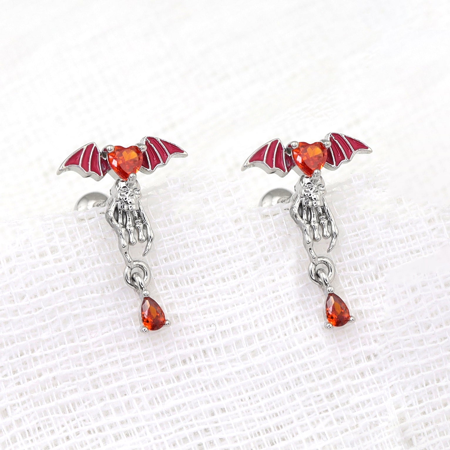 Red CZ Bat & Skull Dangle white-gold-plated copper Ear Studs - Red CZ Bat & Skull Dangle white-gold-plated copper Ear Studs - Single by CRUXJEWELRY