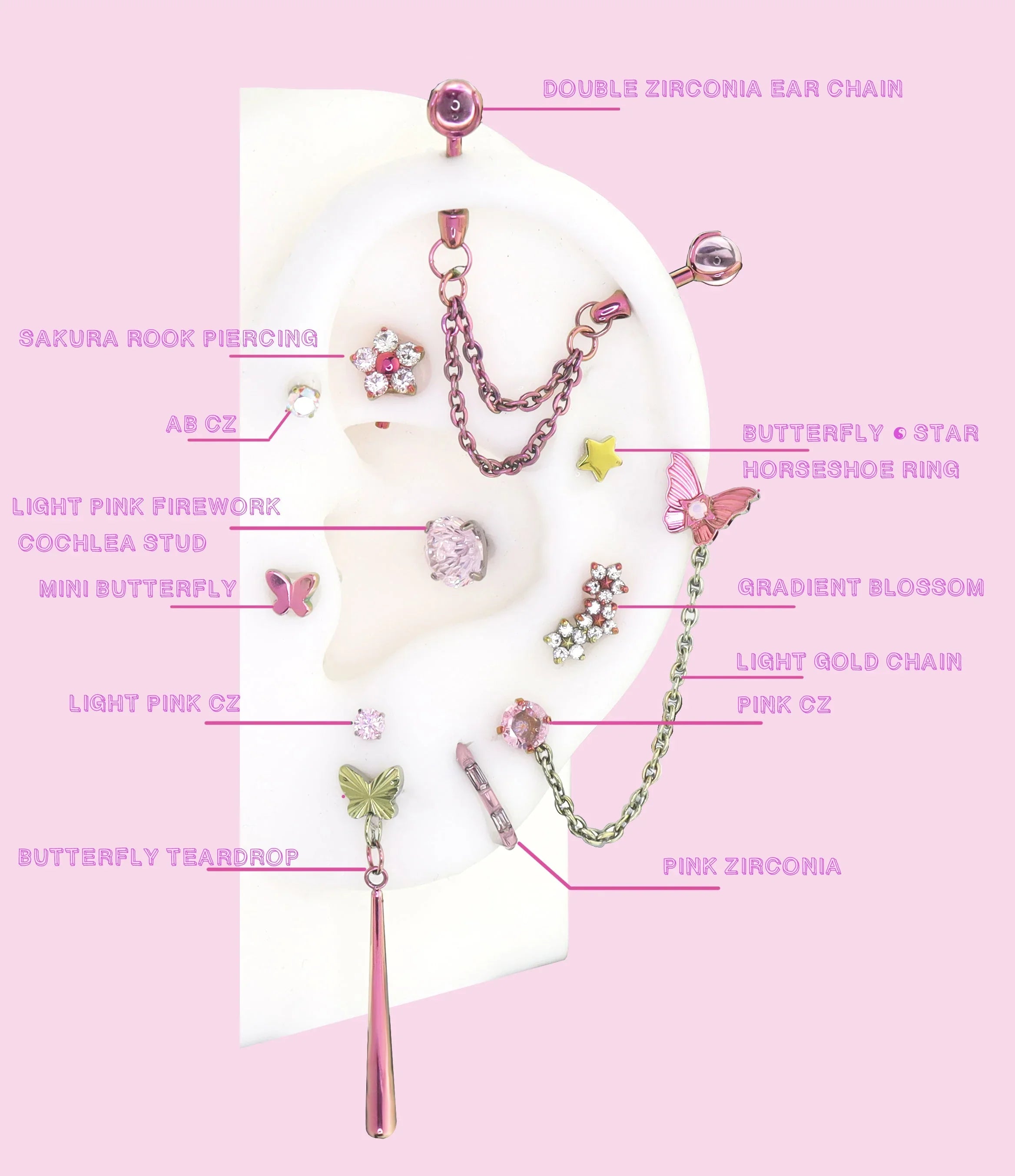 MLP Fluttershy Series Ear Accessories Set - MLP Fluttershy Series Ear Accessories Set - DOUBLE ZIRCONIA EAR CHAIN / 6mm / 16G-1.2mm by CRUXJEWELRY