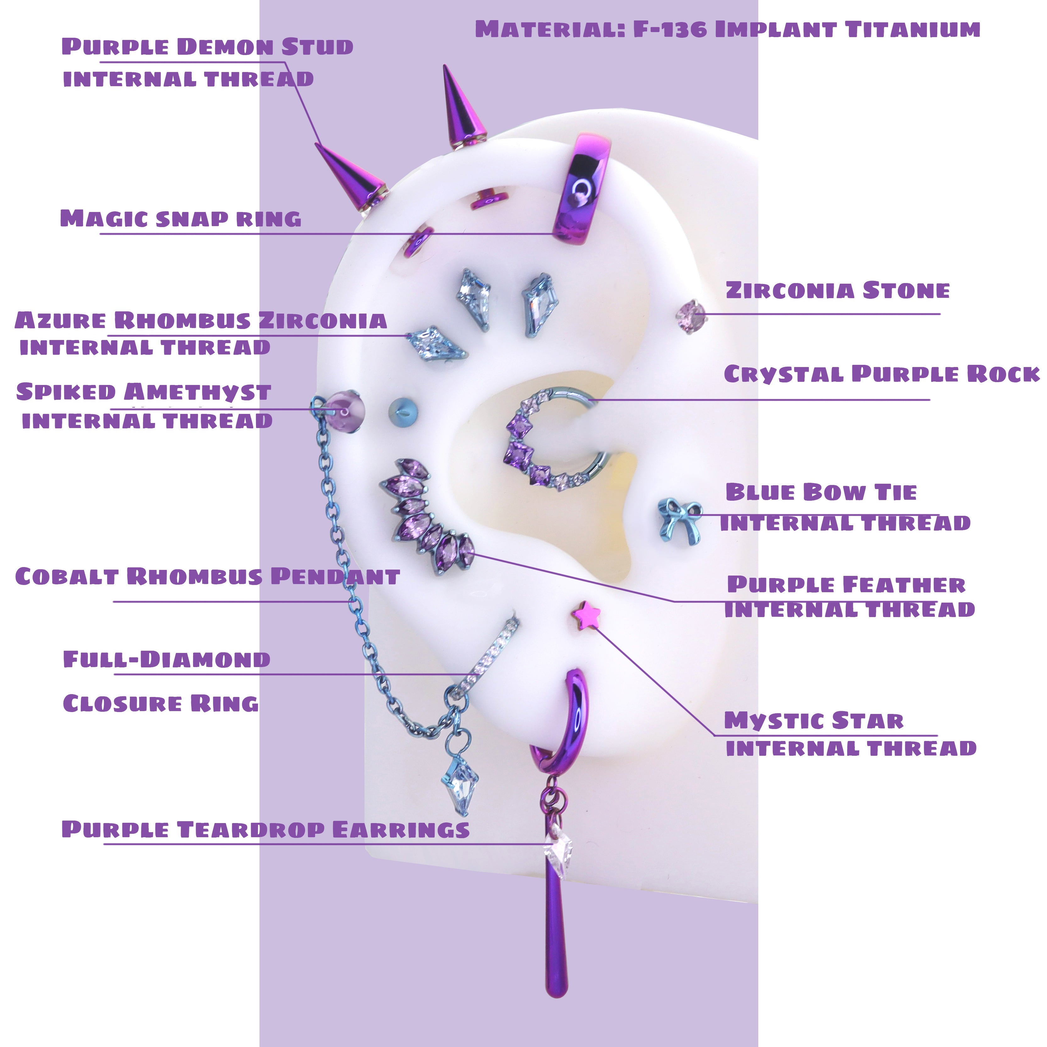 MLP Rarity Series Ear Accessories Set - MLP Rarity Series Ear Accessories Set - PURPLE DEMON STUD / 16G-1.2mm / 6mm by CRUXJEWELRY