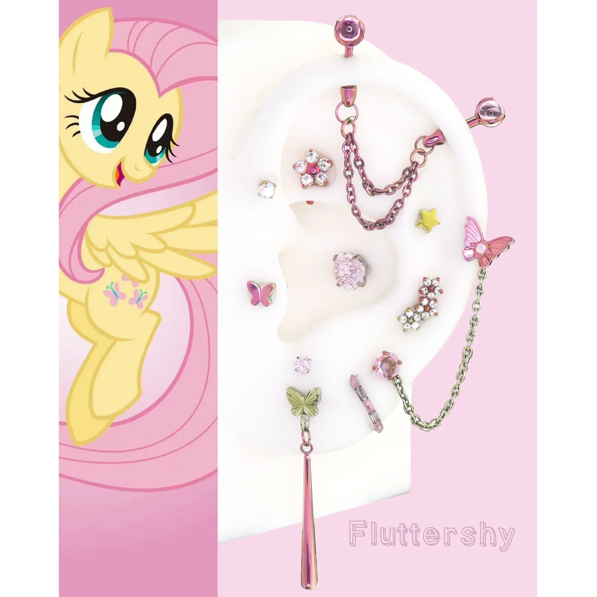 MLP Fluttershy Series Ear Accessories Set - MLP Fluttershy Series Ear Accessories Set - DOUBLE ZIRCONIA EAR CHAIN / 6mm / 16G-1.2mm by CRUXJEWELRY