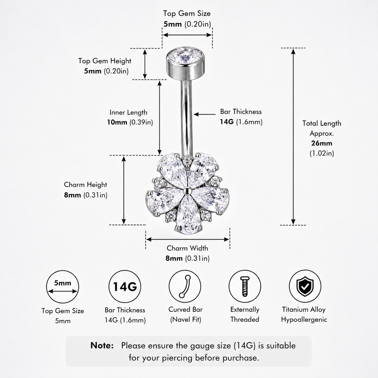 Kirschblüten-Bauchnabelpiercing aus Titan und Zirkonia 