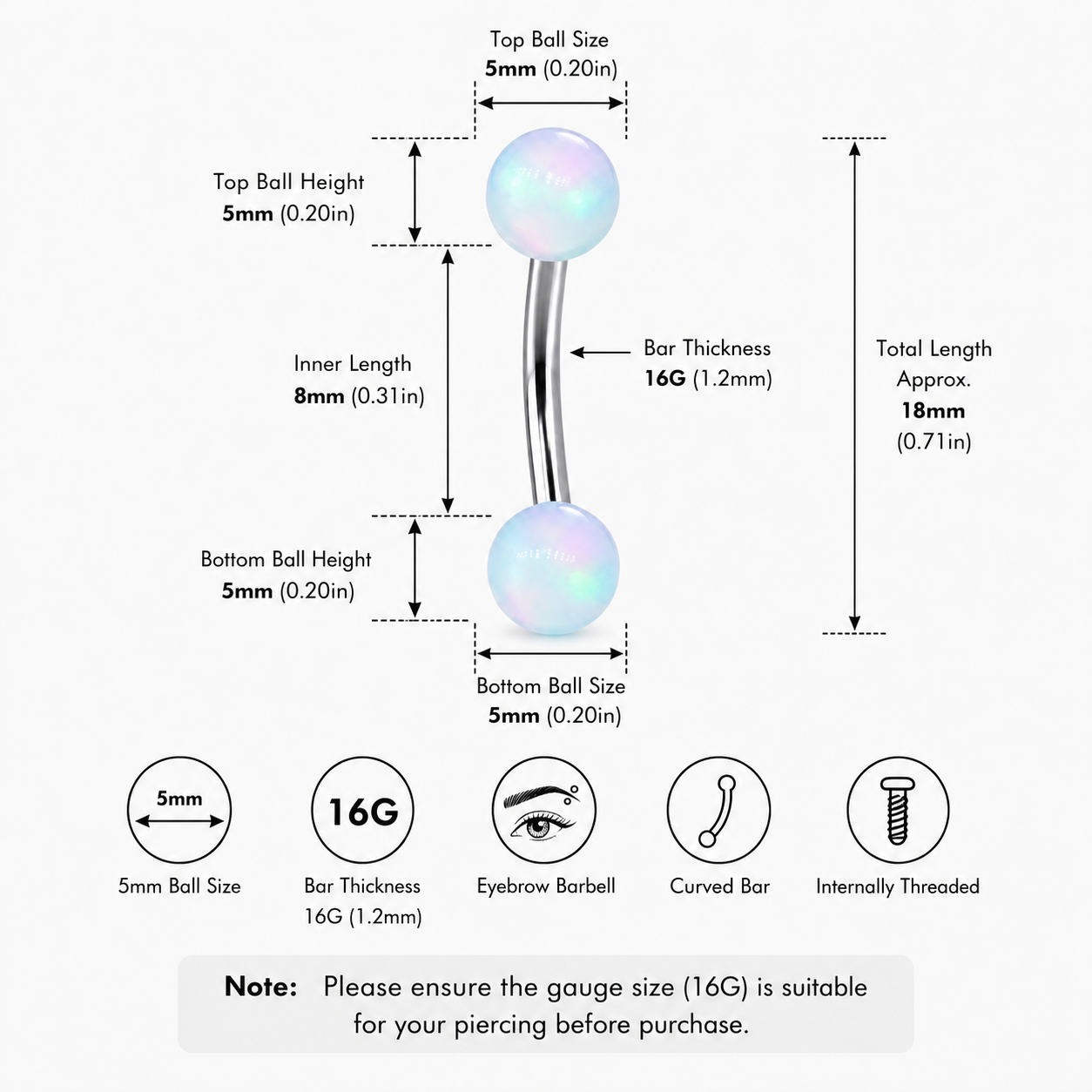 Opal Ball Titanium Eyebrow Barbell