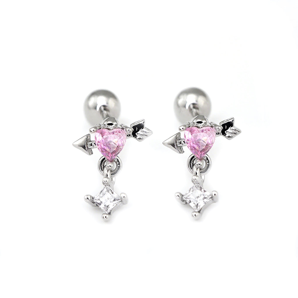20G Arrow Through Pink Heart CZ Dangle Ear Studs - 20G Arrow Through Pink Heart CZ Dangle Ear Studs - Pink / Single by CRUXJEWELRY