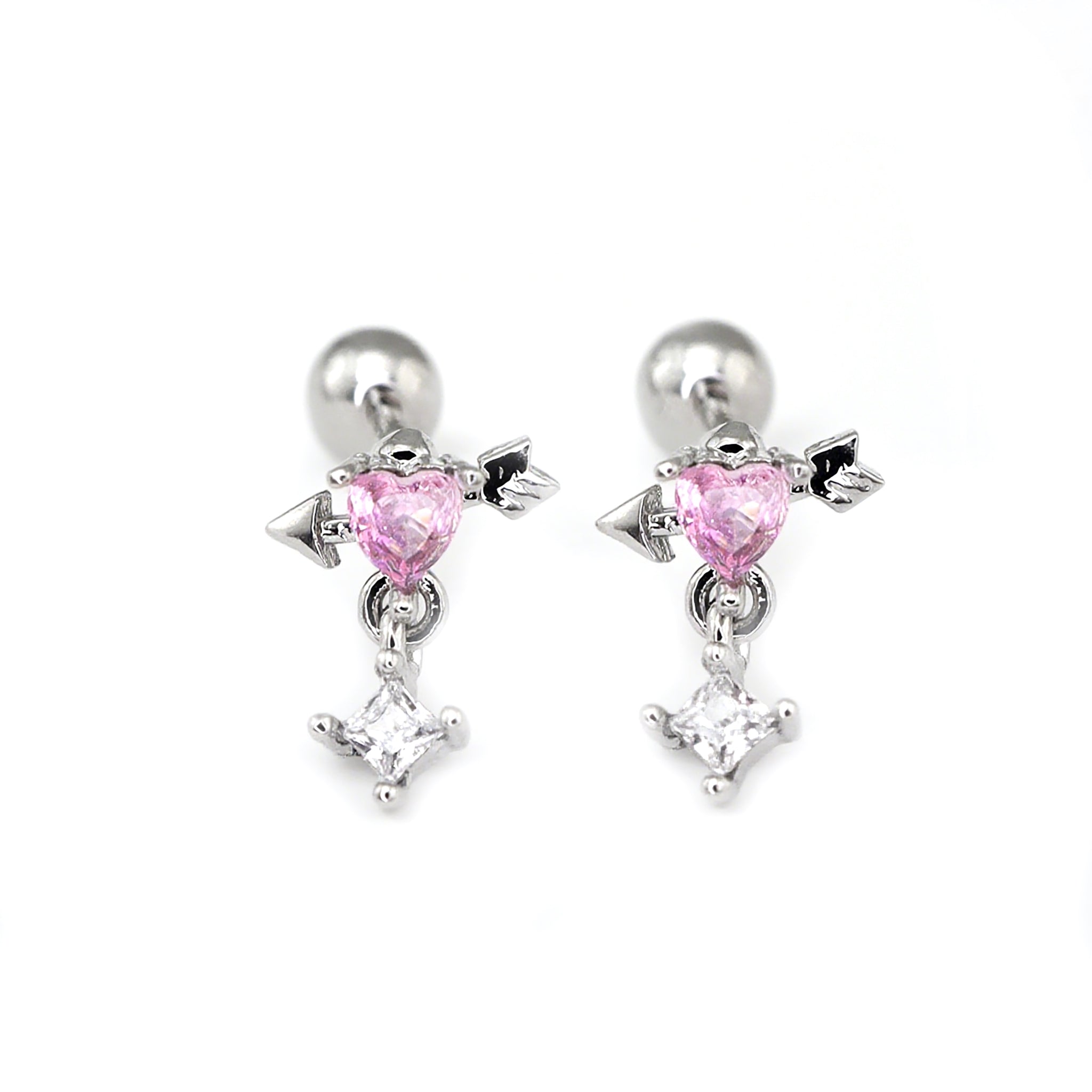 20G Arrow Through Pink Heart CZ Dangle Ear Studs - 20G Arrow Through Pink Heart CZ Dangle Ear Studs - Pink / Single by CRUXJEWELRY