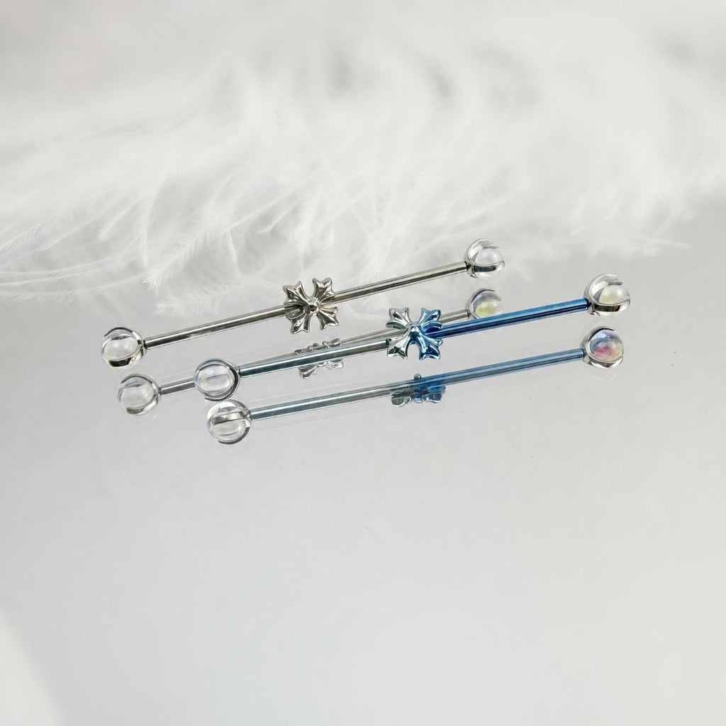 Fleur-de-Lis Crystal titanium industrial barbell, detail view 3
