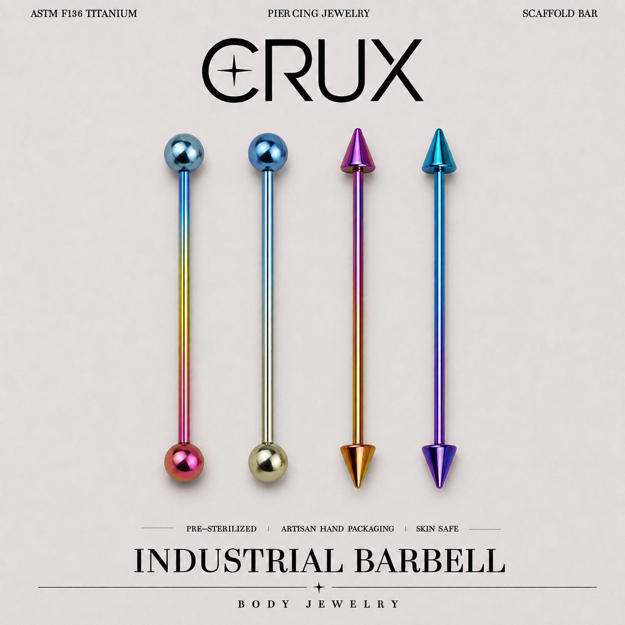 Gradient Ball & Spike titanium industrial barbell, front view
