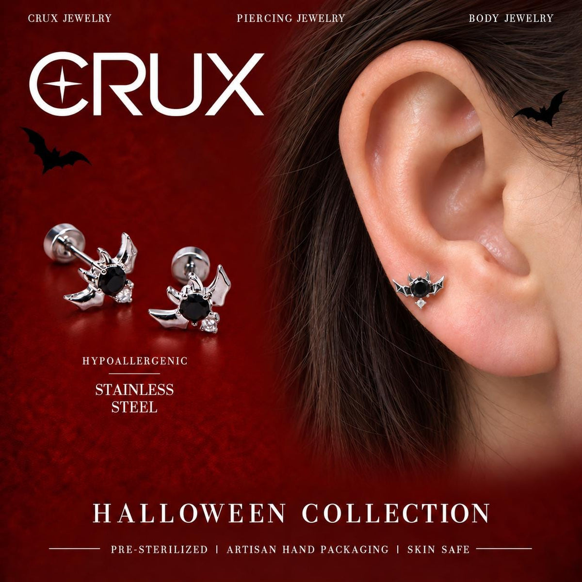 Black CZ Bat Stud Earring