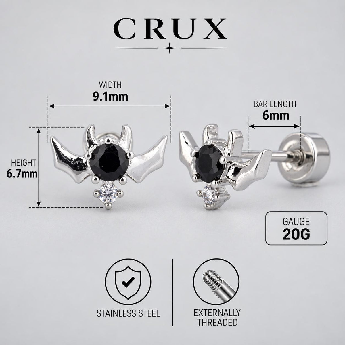 Black CZ Bat Stud Earring detail 7