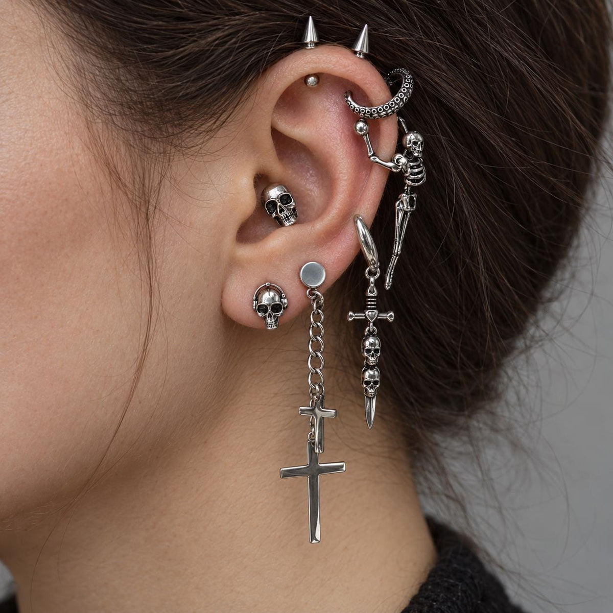 Skull, Cross & Tentacle Ear Stack detail 2