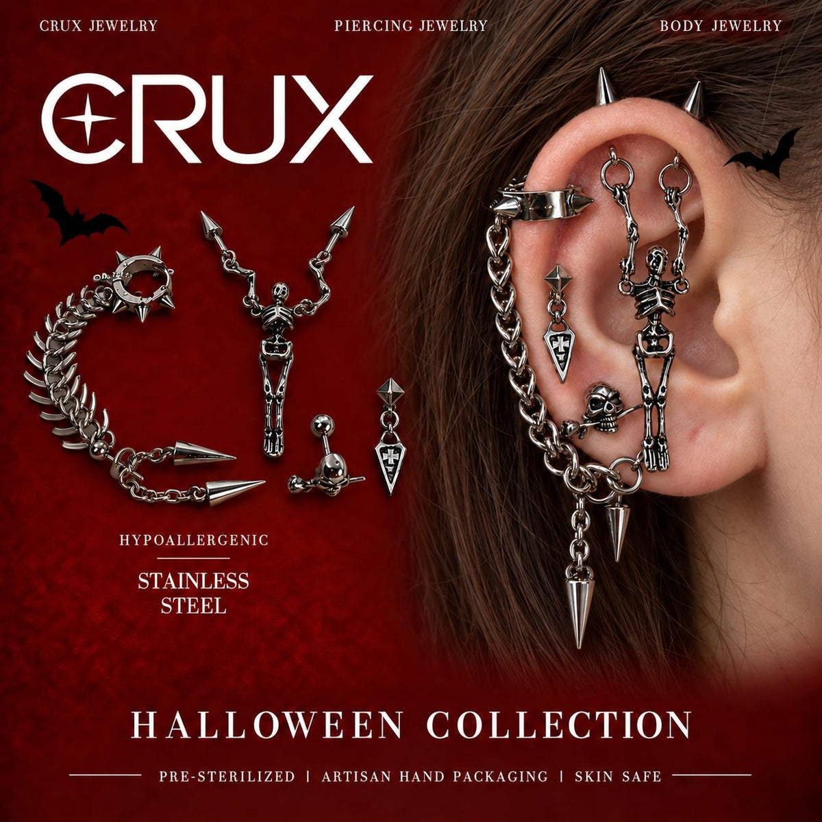 Skeleton Skull & Spike Ear Stack Set