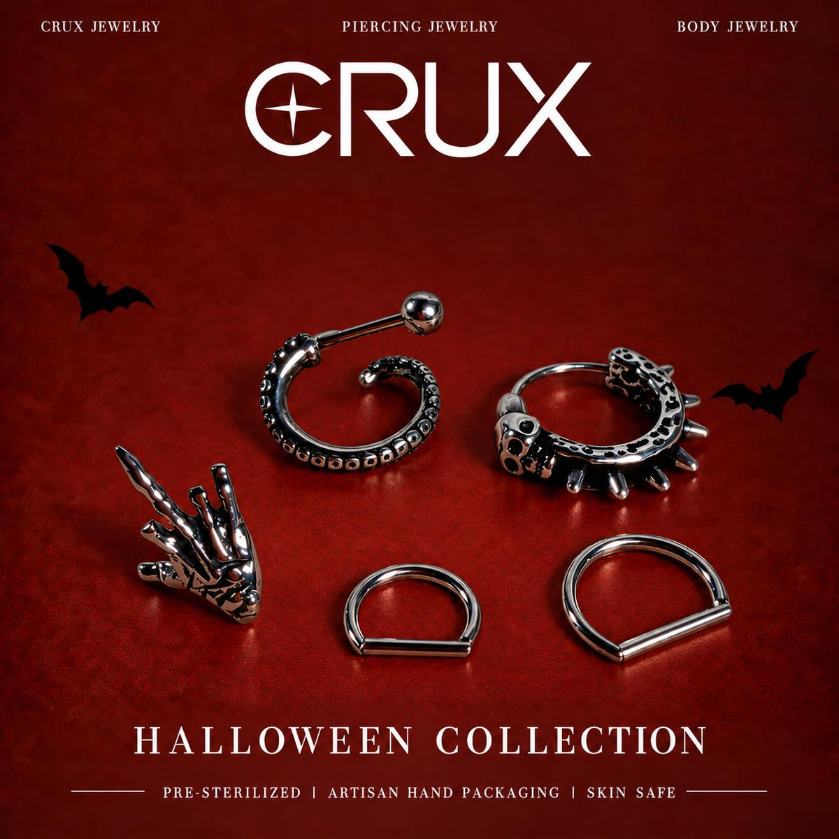 Skeleton Hand, Tentacle & Skull Piercing Set