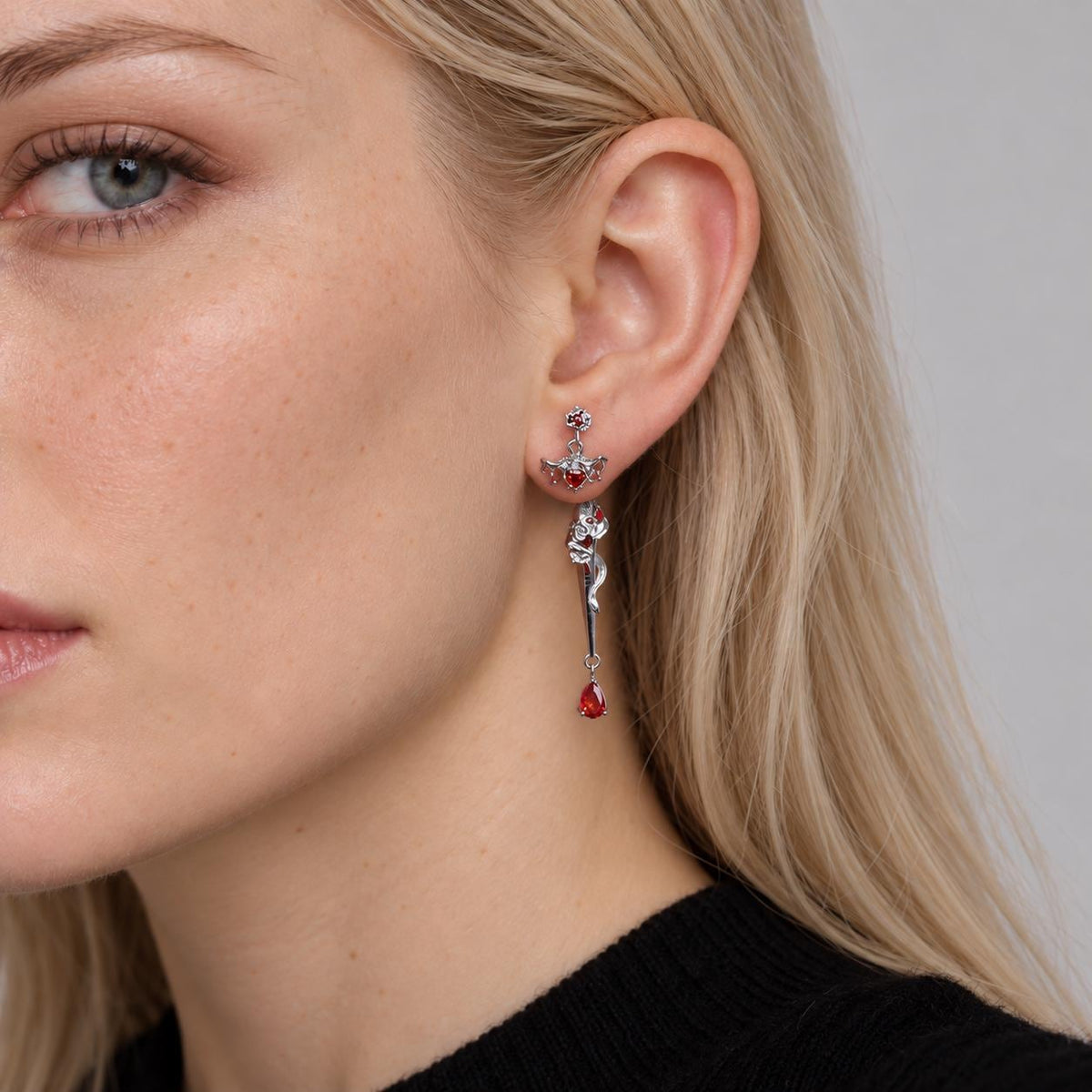 Rose Dagger & Bat Wing Stud Earring detail 2