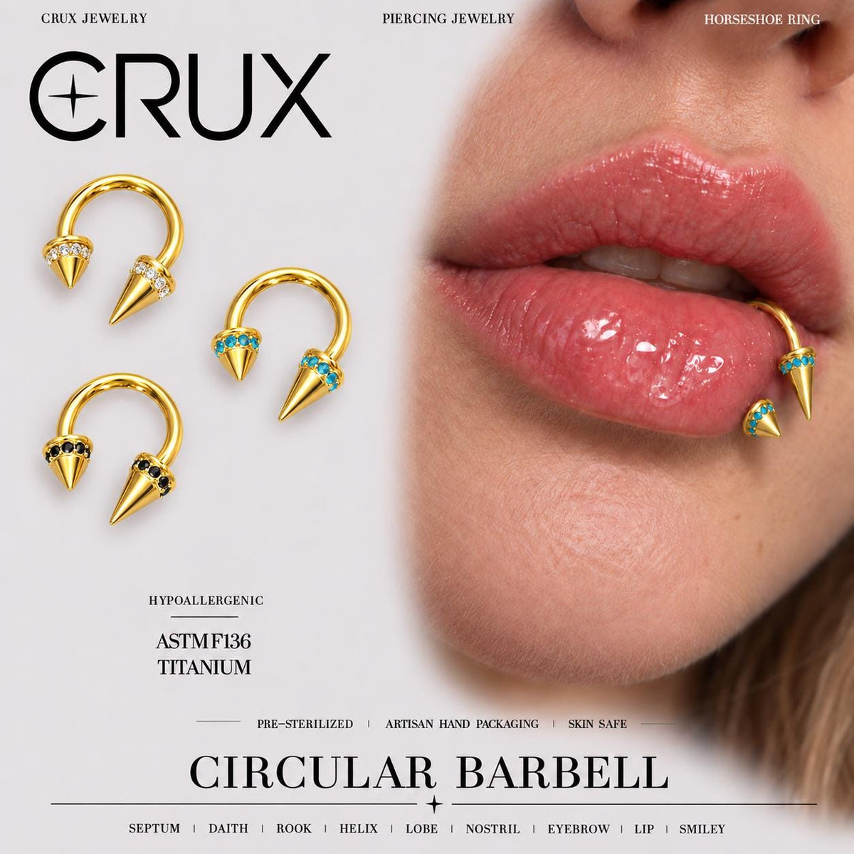 Asymmetrical Crystal Spike Titanium Horseshoe Ring