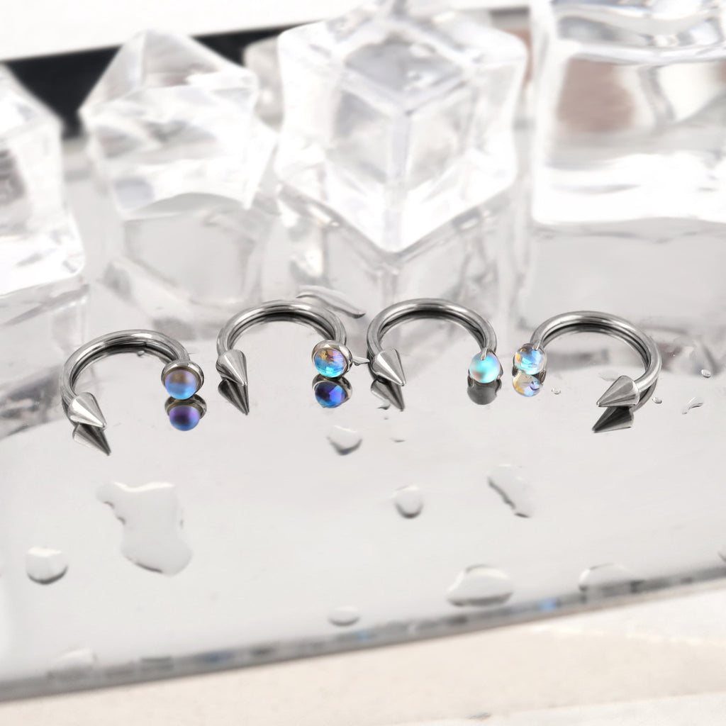 Moonstone Spike Titanium Horseshoe Ring detail 4
