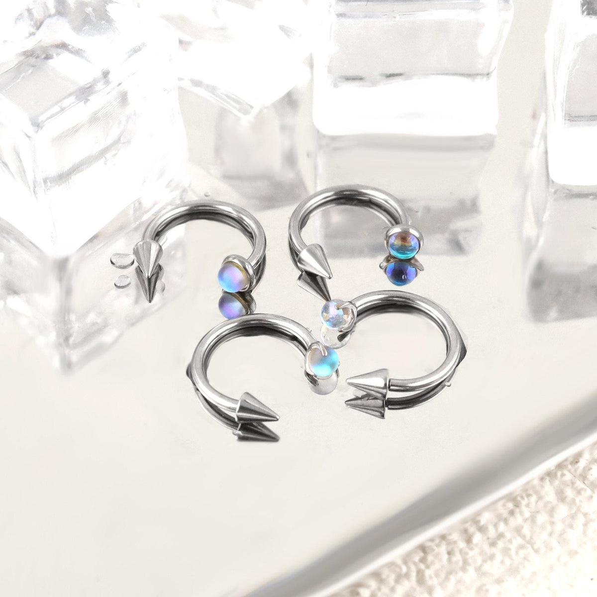 Moonstone Spike Titanium Horseshoe Ring detail 5