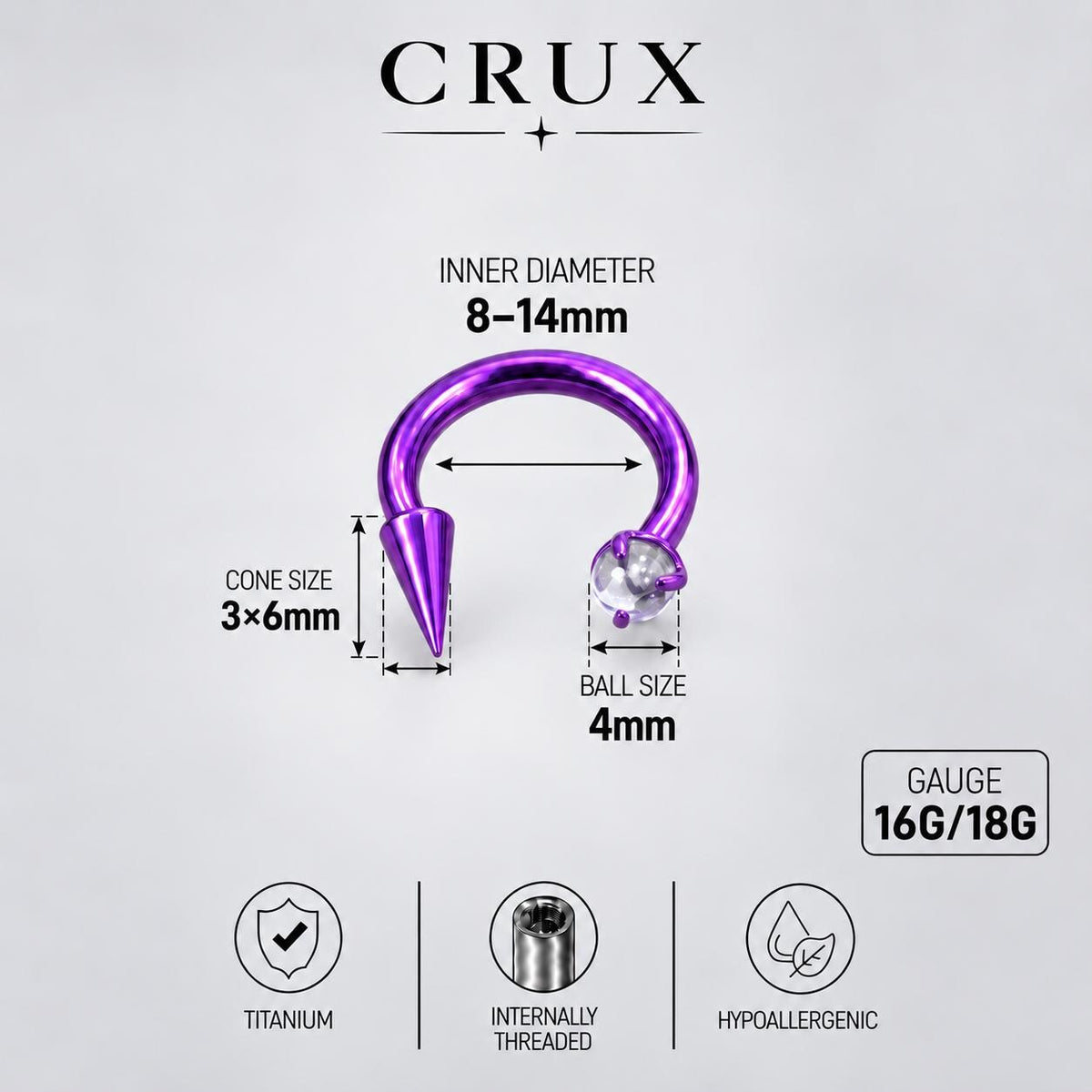 Crystal Ball Spike Titanium Horseshoe Ring detail 11