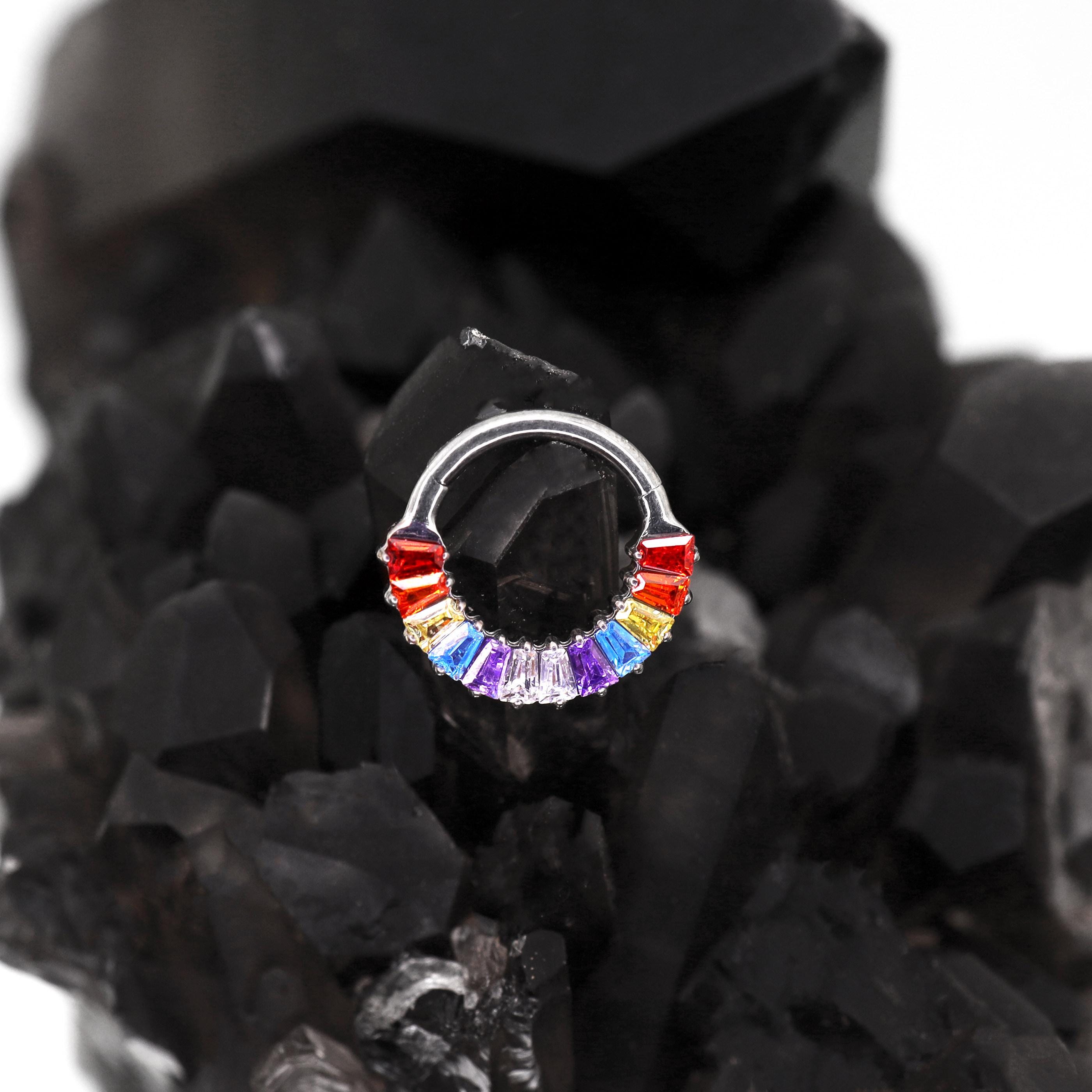 16G Rainbow Baguette Clicker Ring | Titanium Septum Jewelry | CZ Daith Hoop | Helix Cartilage Gift for Her - Image 5
