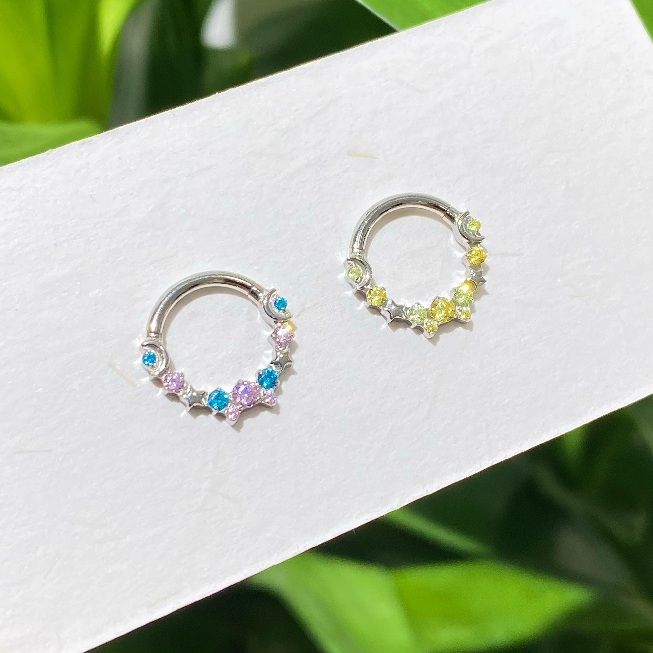 Starry CZ Clicker Ring | Pastel Septum Jewelry | Moon Star Daith Hoop | Fairycore Cartilage Gift for Her - Image 2