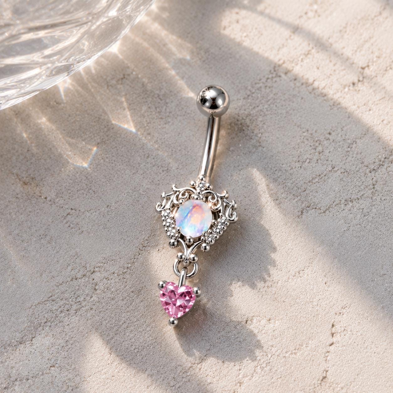 Titanium Opal Heart Belly Button Ring｜14G Navel Piercing｜Pink Heart Dangle Navel Ring｜Y2K Princesscore Jewelry