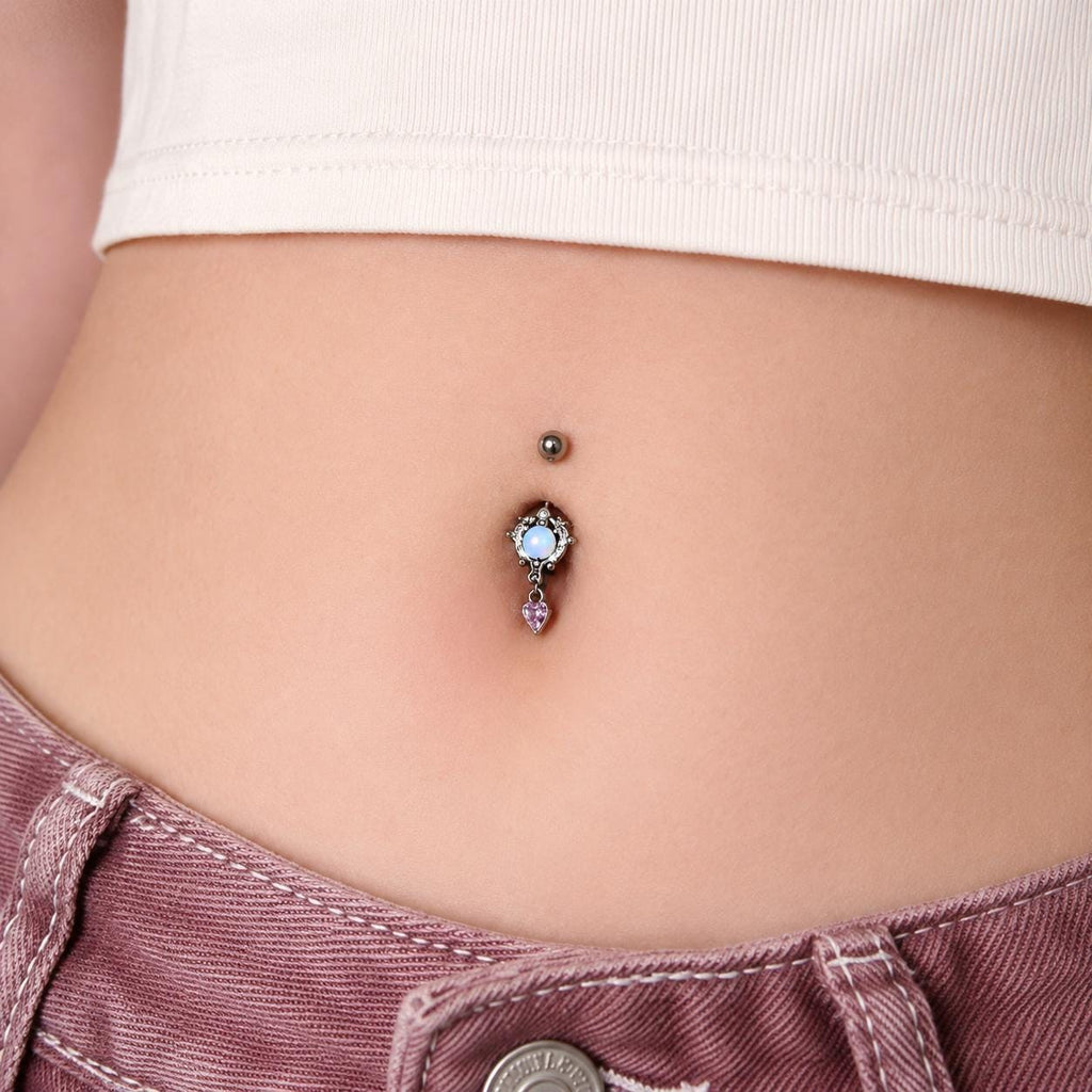 Titanium Opal Heart Belly Button Ring｜14G Navel Piercing｜Pink Heart Dangle Navel Ring｜Y2K Princesscore Jewelry