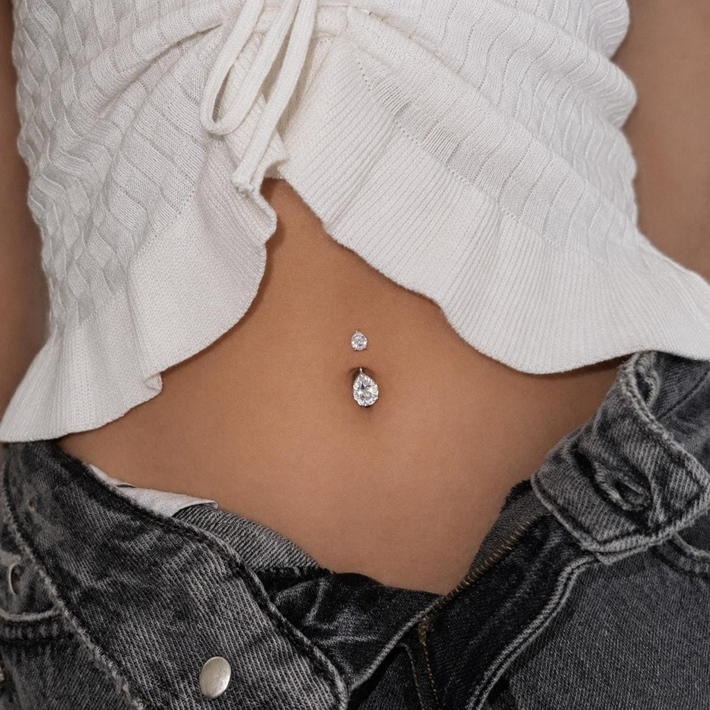 ASTM F136 Titanium Teardrop Belly Button Ring｜14G Navel Piercing｜Clear CZ Navel Ring｜Implant Grade Titanium Jewelry