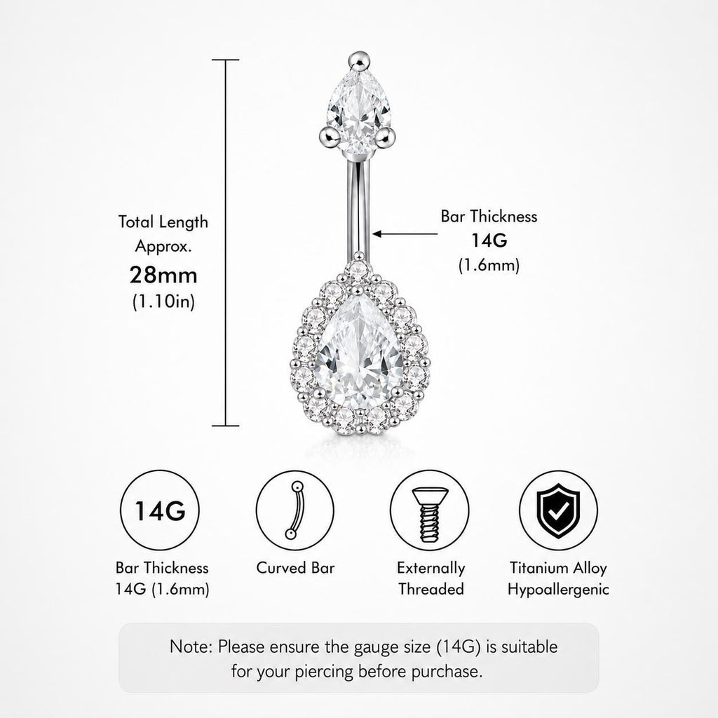 ASTM F136 Titanium Teardrop Belly Button Ring｜14G Navel Piercing｜Clear CZ Navel Ring｜Implant Grade Titanium Jewelry