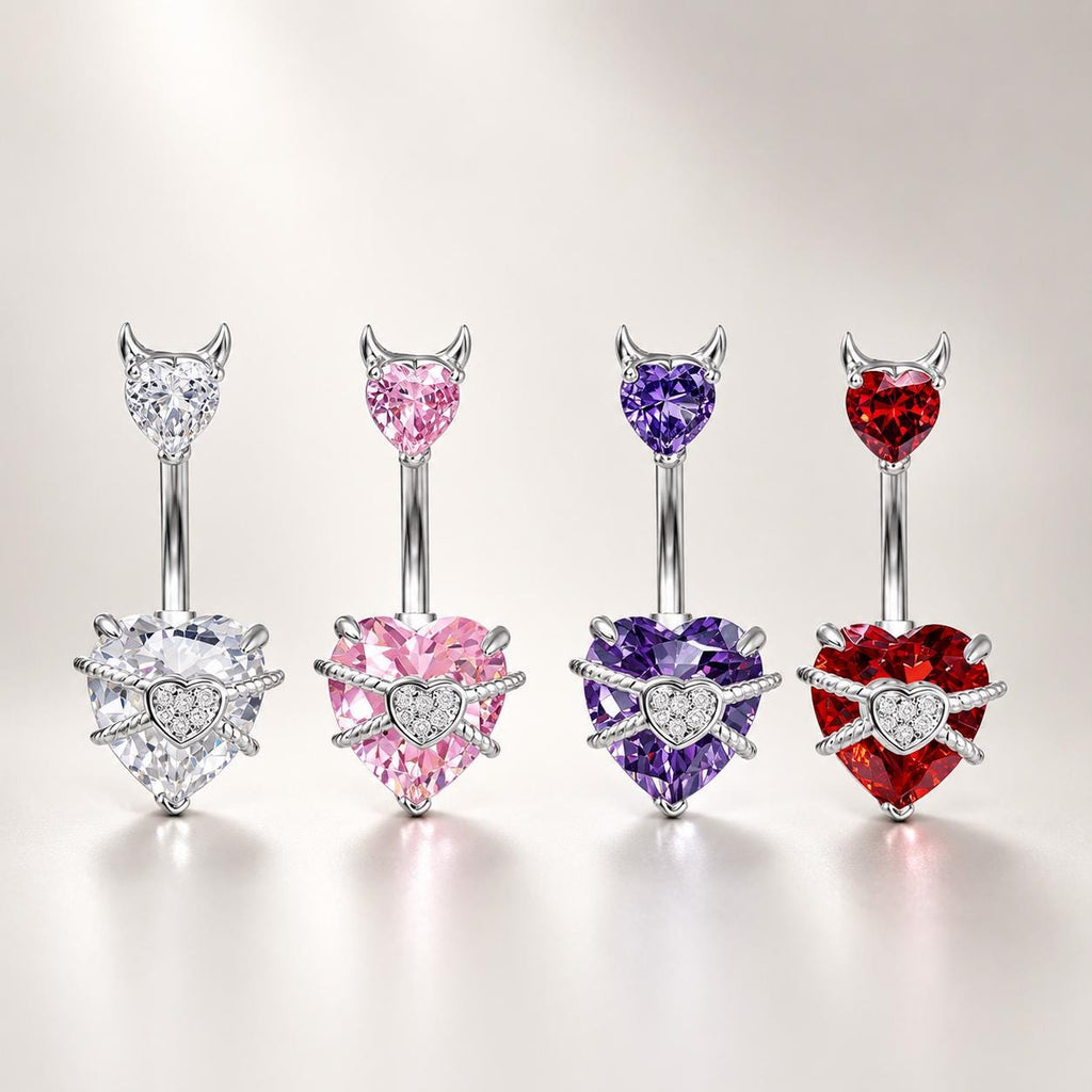 ASTM F136 Titanium Heart Belly Button Ring｜14G Navel Piercing｜Devil Horn CZ Belly Ring｜Externally Threaded