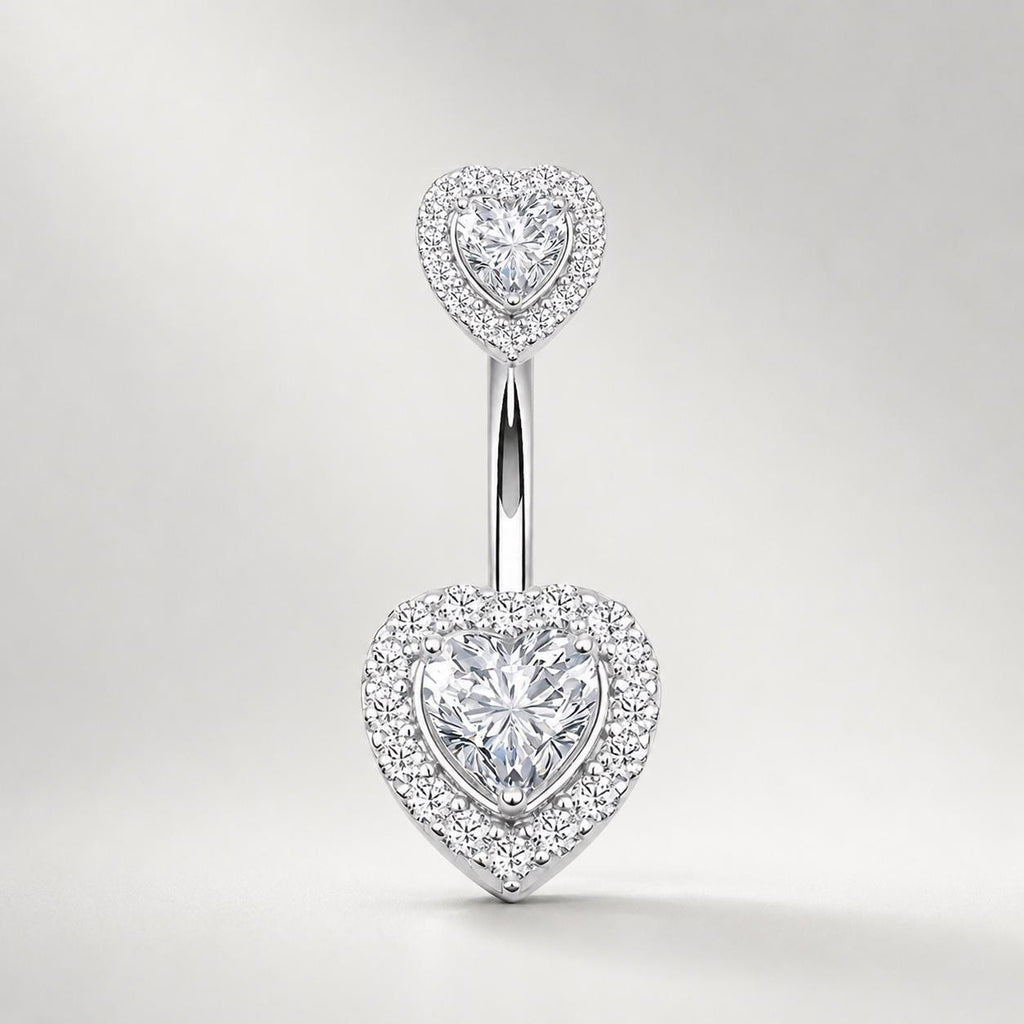 ASTM F136 Titanium Heart Belly Button Ring｜14G Navel Piercing｜Sparkly CZ Double Heart Navel Ring｜Externally Threaded｜ Gift For Her