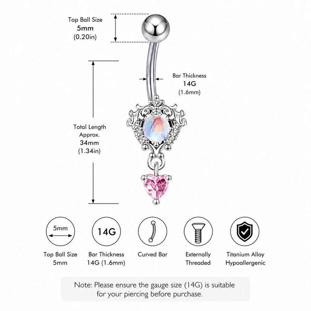 Titanium Opal Heart Belly Button Ring｜14G Navel Piercing｜Pink Heart Dangle Navel Ring｜Y2K Princesscore Jewelry