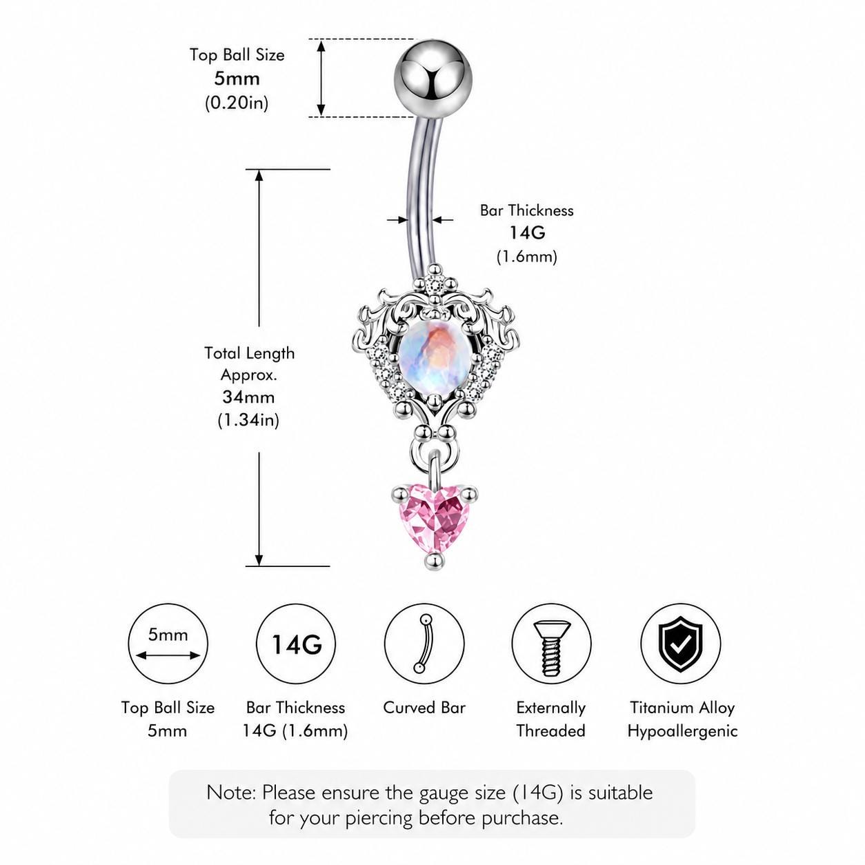 Titanium Opal Heart Belly Button Ring｜14G Navel Piercing｜Pink Heart Dangle Navel Ring｜Y2K Princesscore Jewelry