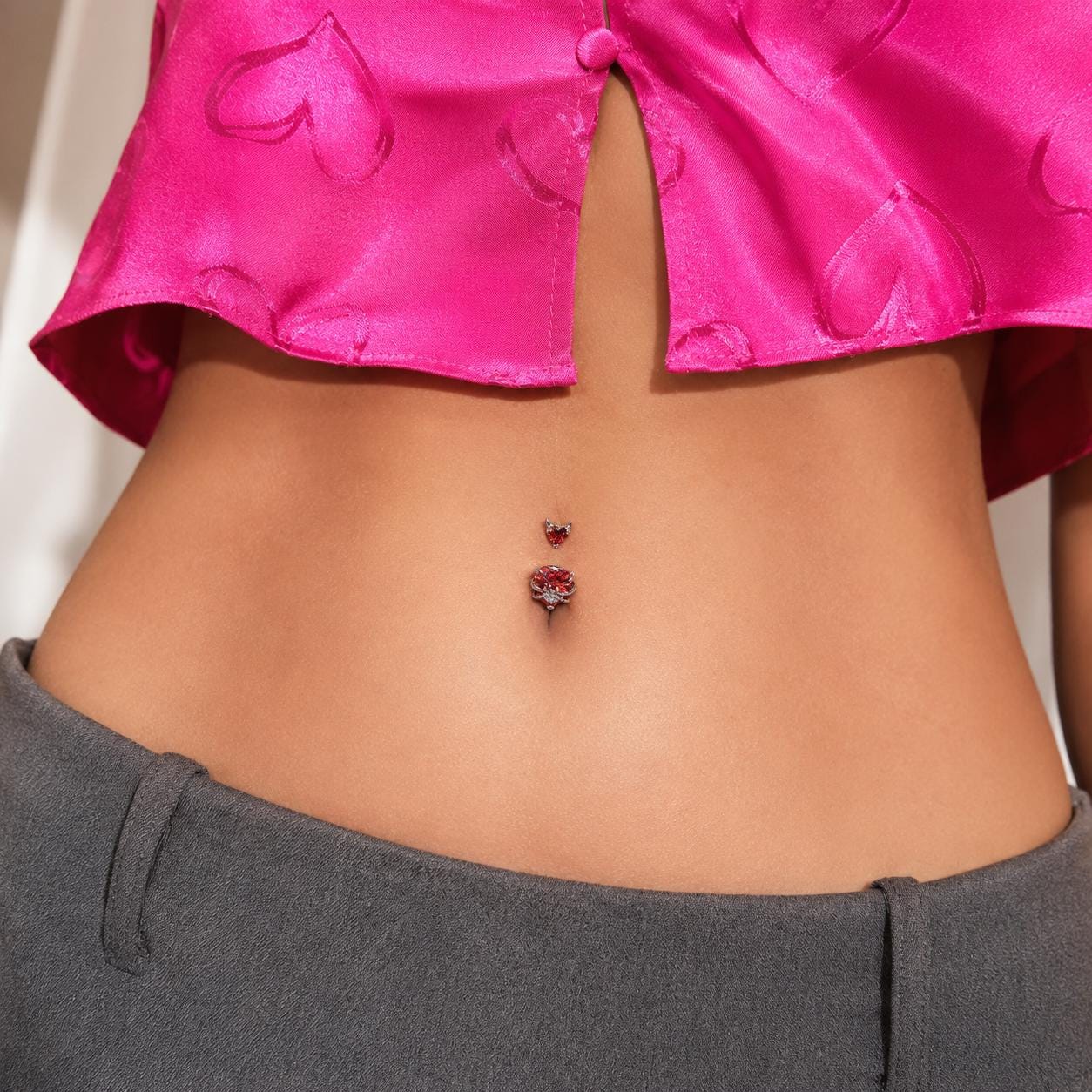 ASTM F136 Titanium Heart Belly Button Ring｜14G Navel Piercing｜Devil Horn CZ Belly Ring｜Externally Threaded