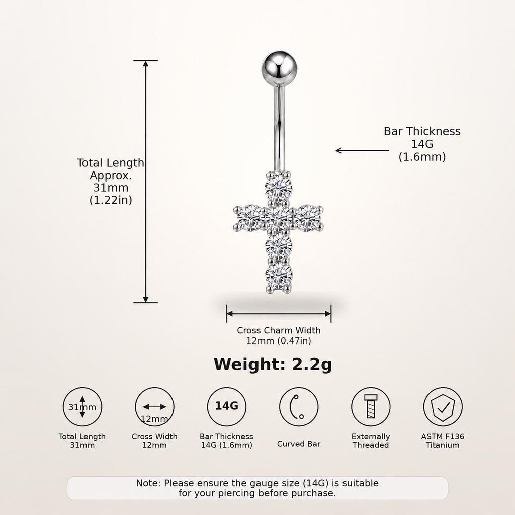 ASTM F136 Titanium Cross Belly Button Ring｜14G Navel Piercing｜CZ Cross Navel Ring｜Externally Threaded｜Gift for Her
