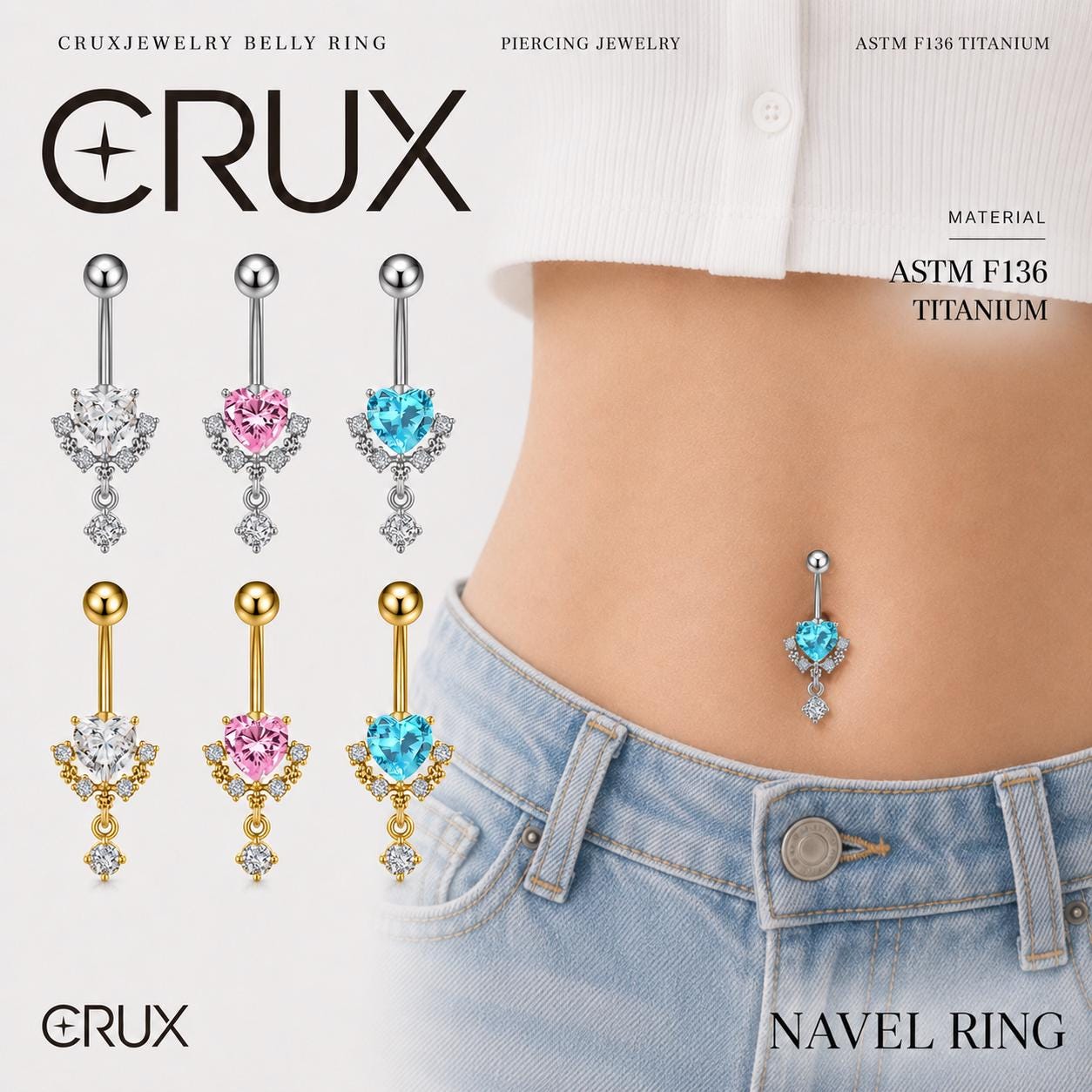 ASTM F136 Titanium Heart Belly Button Ring｜14G Navel Piercing｜Pink Heart CZ Dangle Belly Ring｜Implant Grade Hypoallergenic Body Jewelry